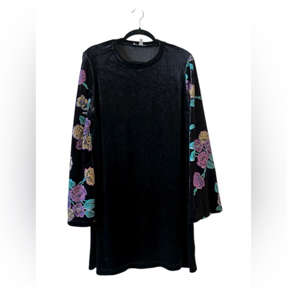 ASOS Black Velvet Dress with Colorful Floral Embroidered Bell Sleeves - Picture 2 of 6